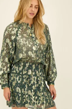 Jupe Verte à Imprimé Jacquard Doré