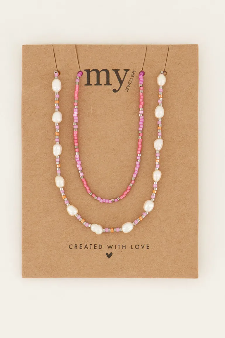 Lot De Colliers Souvenir Orange Et Rose Avec Perles