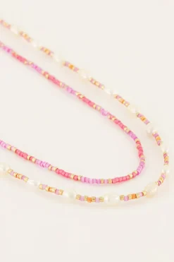 Lot De Colliers Souvenir Orange Et Rose Avec Perles