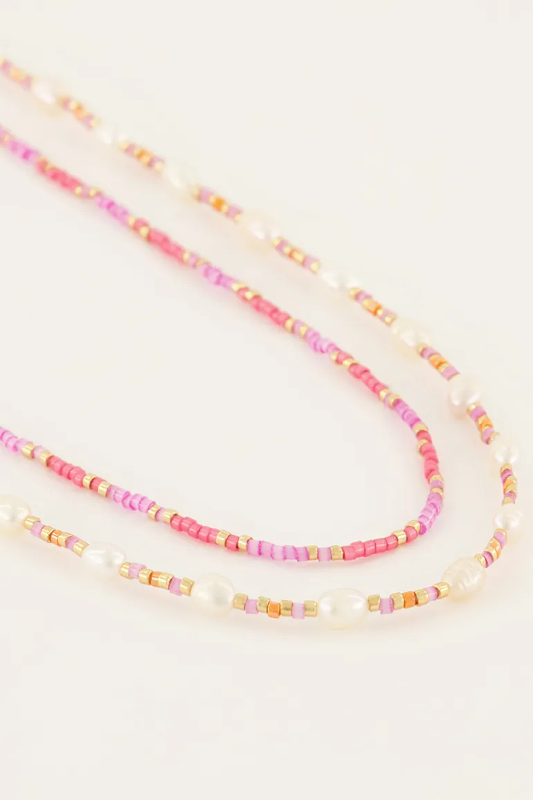 Lot De Colliers Souvenir Orange Et Rose Avec Perles