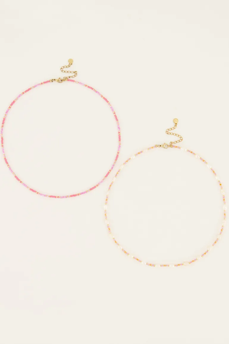 Lot De Colliers Souvenir Orange Et Rose Avec Perles
