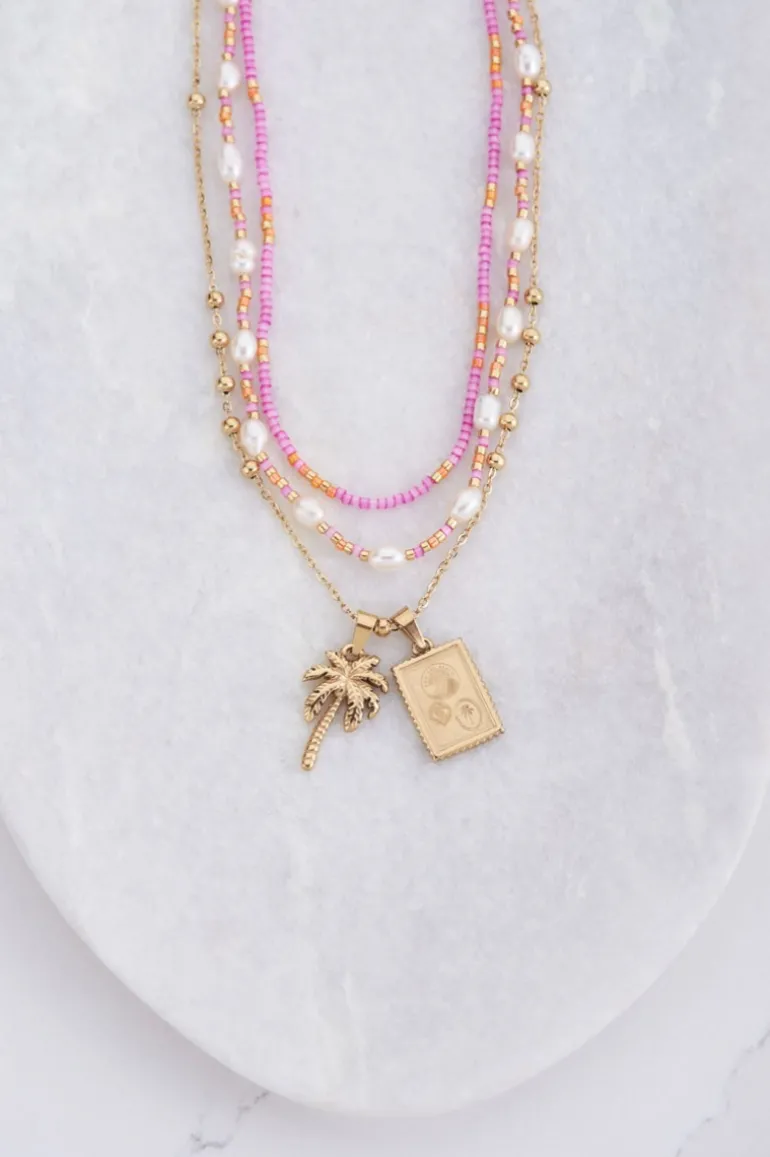 Lot De Colliers Souvenir Orange Et Rose Avec Perles
