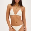 Maillot De Bain Triangle Rayé Or Et Blanc Avec Perles