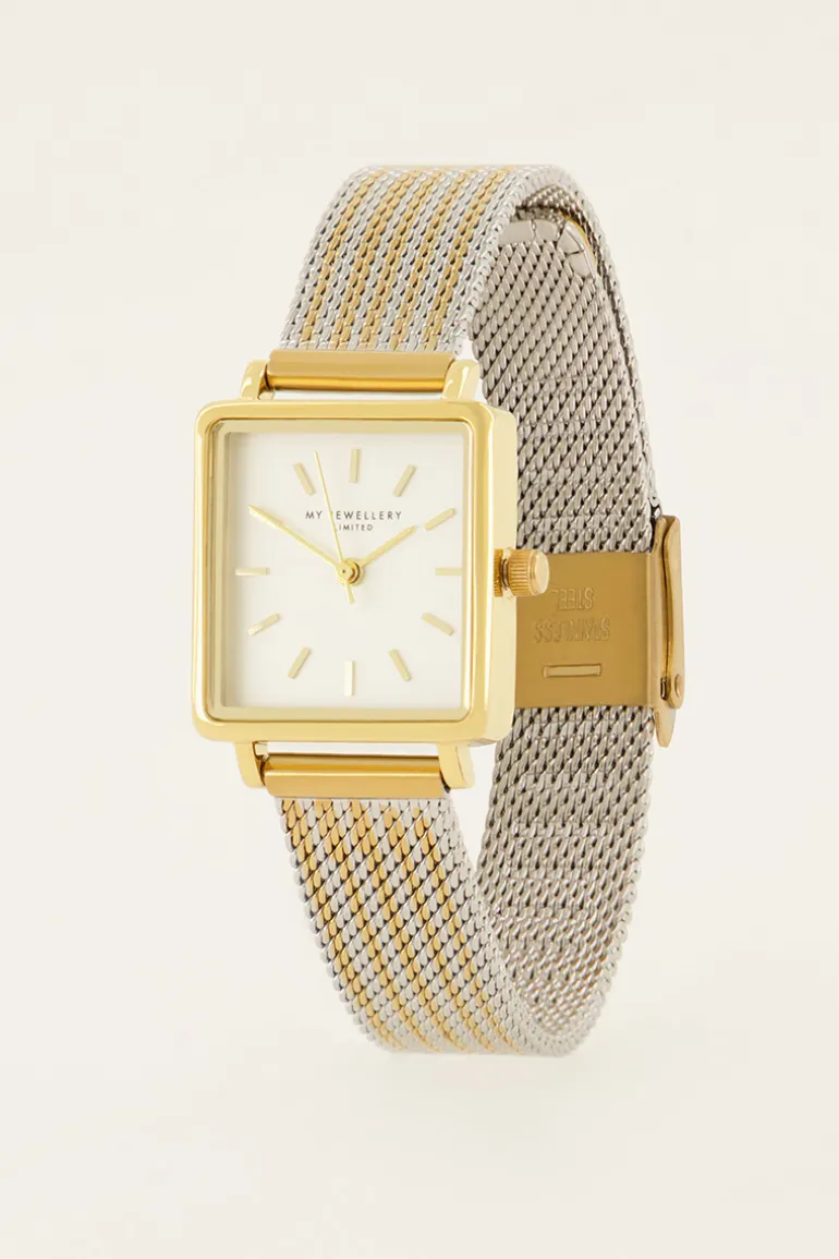 Montre Carrée Avec Bracelet à Maillons Dorés Et Argentés