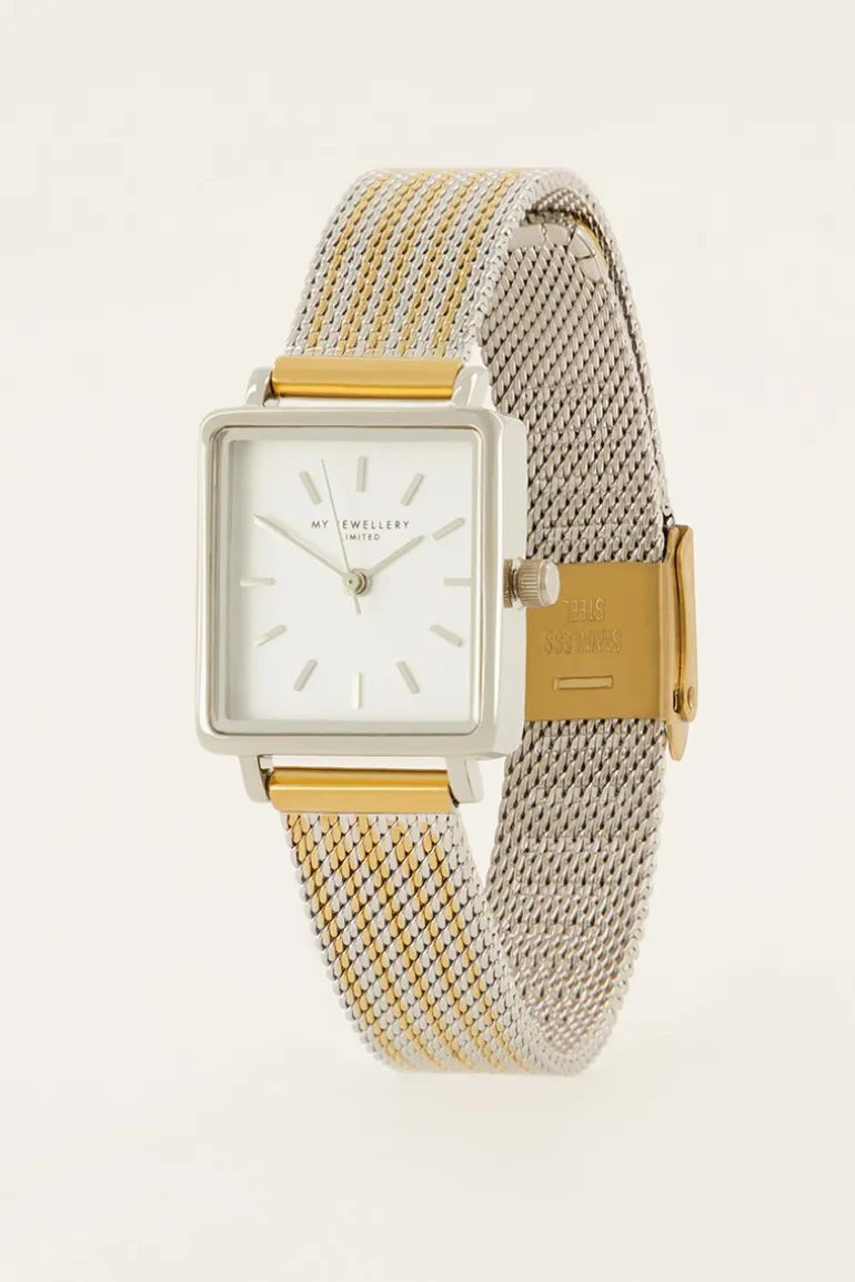 Montre Carrée Avec Bracelet à Maillons Dorés Et Argentés