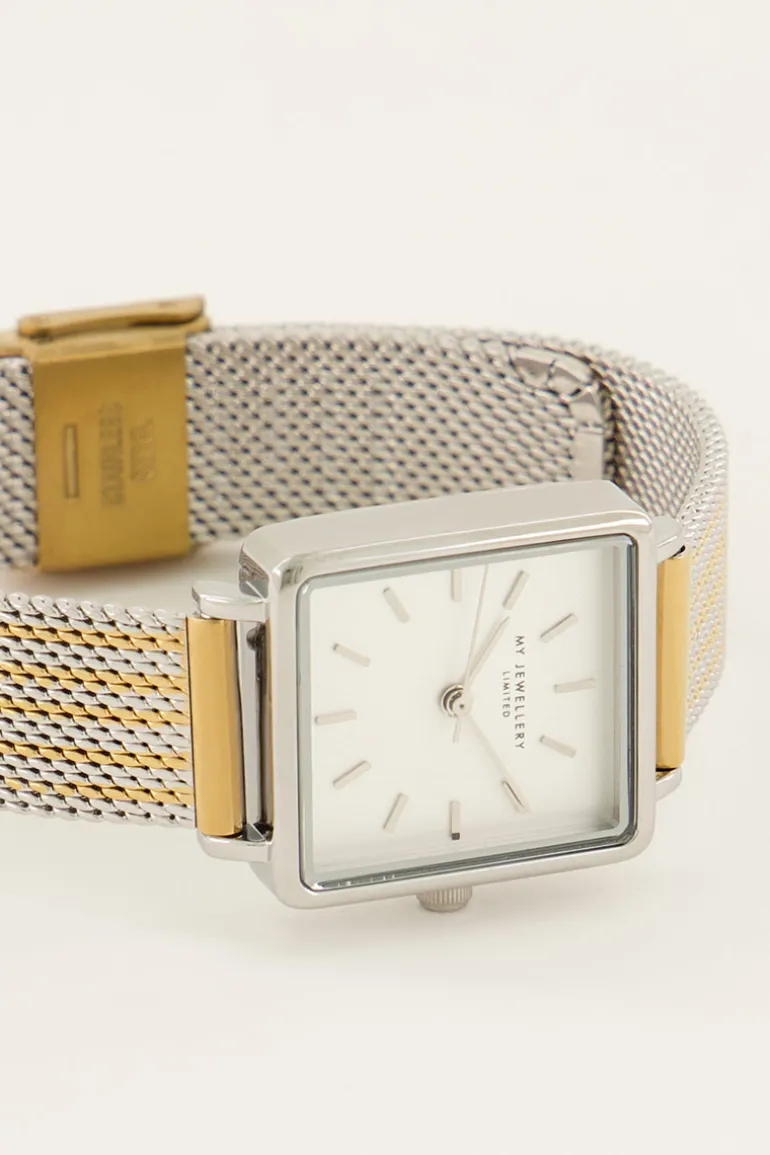 Montre Carrée Avec Bracelet à Maillons Dorés Et Argentés