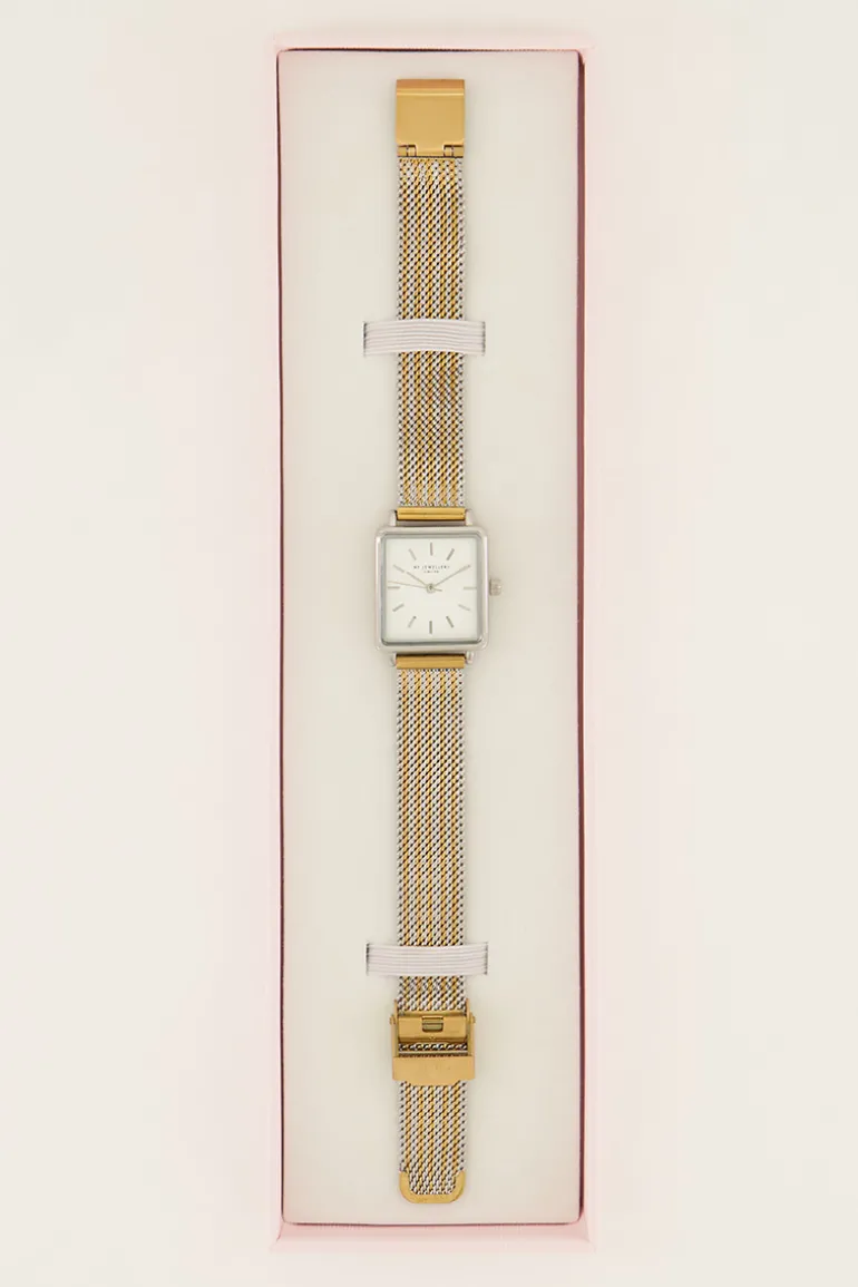 Montre Carrée Avec Bracelet à Maillons Dorés Et Argentés