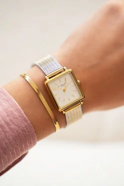 Montre Carrée Avec Bracelet à Maillons Dorés Et Argentés