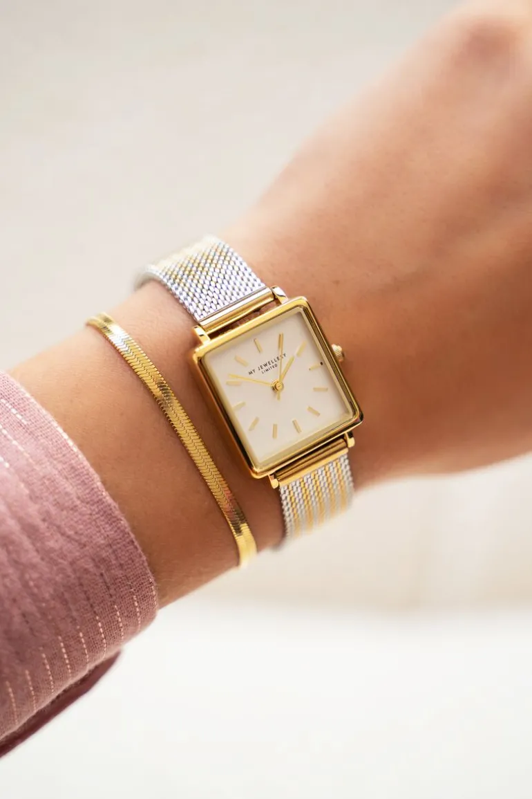 Montre Carrée Avec Bracelet à Maillons Dorés Et Argentés
