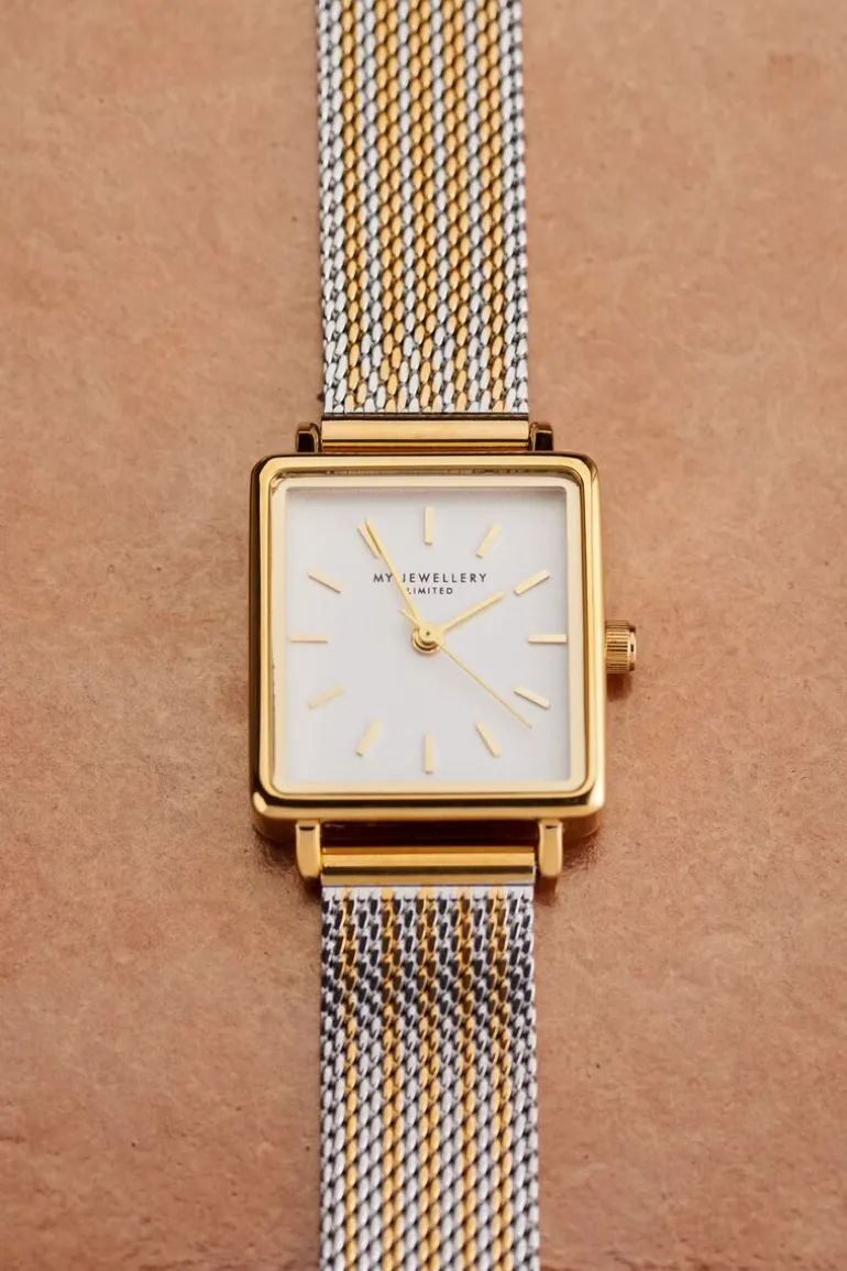 Montre Carrée Avec Bracelet à Maillons Dorés Et Argentés