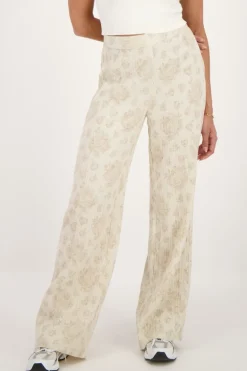 Pantalon Beige Avec Imprimé Fleuri Jacquard