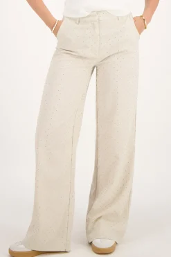 Pantalon En Lin Beige Avec Clous
