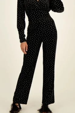 Pantalon En Velours Noir Et Fleurs Argentées