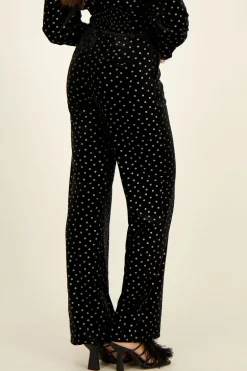 Pantalon En Velours Noir Et Fleurs Argentées