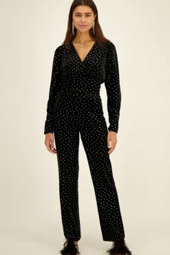 Pantalon En Velours Noir Et Fleurs Argentées