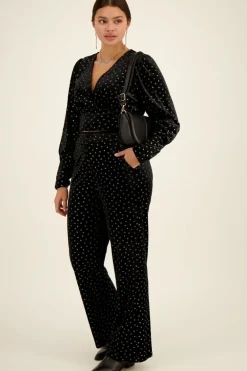 Pantalon En Velours Noir Et Fleurs Argentées