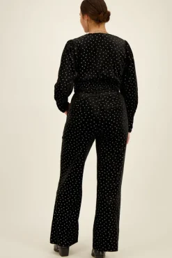 Pantalon En Velours Noir Et Fleurs Argentées