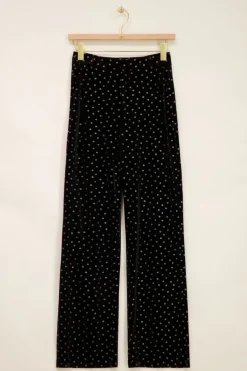 Pantalon En Velours Noir Et Fleurs Argentées