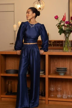 Pantalon Large Bleu Foncé à Taille élastique