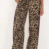 Pantalon Large En Satin Imprimé Léopard Avec Ruban Violet