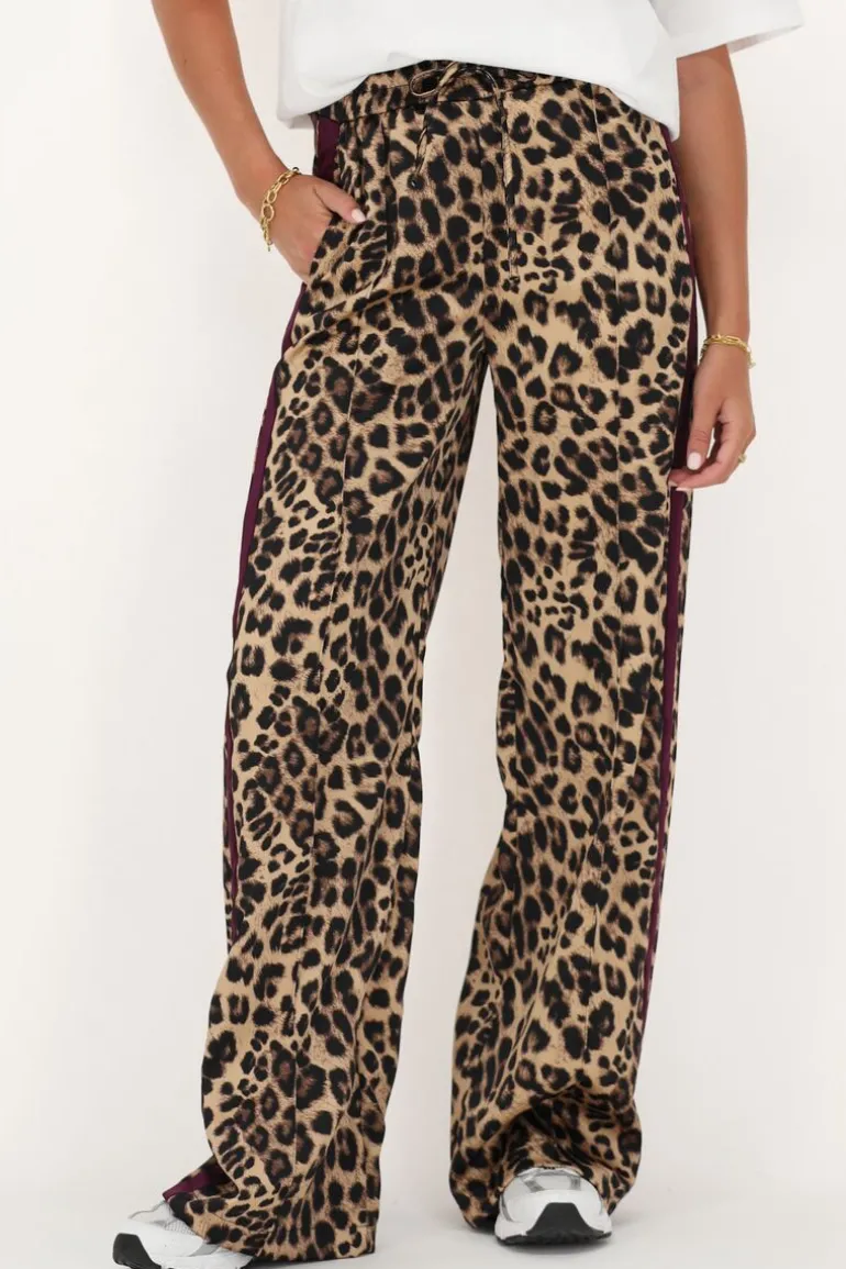Pantalon Large En Satin Imprimé Léopard Avec Ruban Violet
