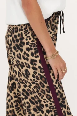 Pantalon Large En Satin Imprimé Léopard Avec Ruban Violet