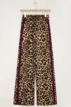 Pantalon Large En Satin Imprimé Léopard Avec Ruban Violet