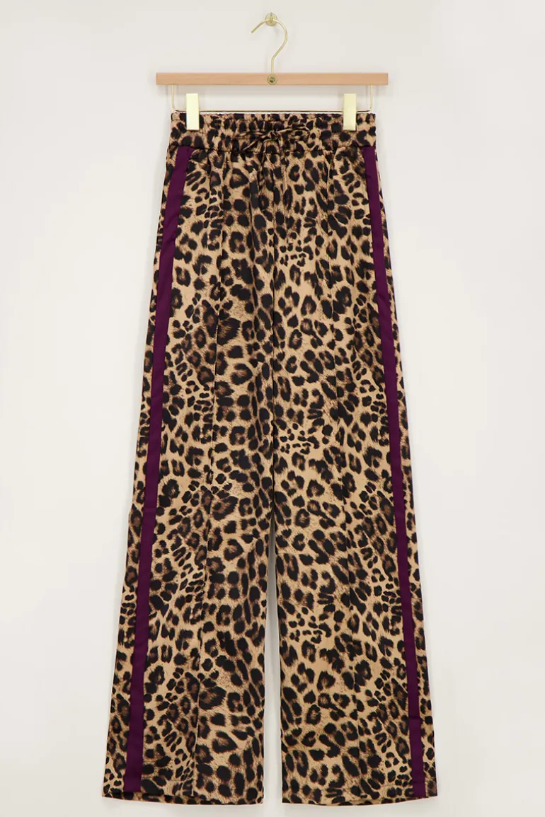 Pantalon Large En Satin Imprimé Léopard Avec Ruban Violet