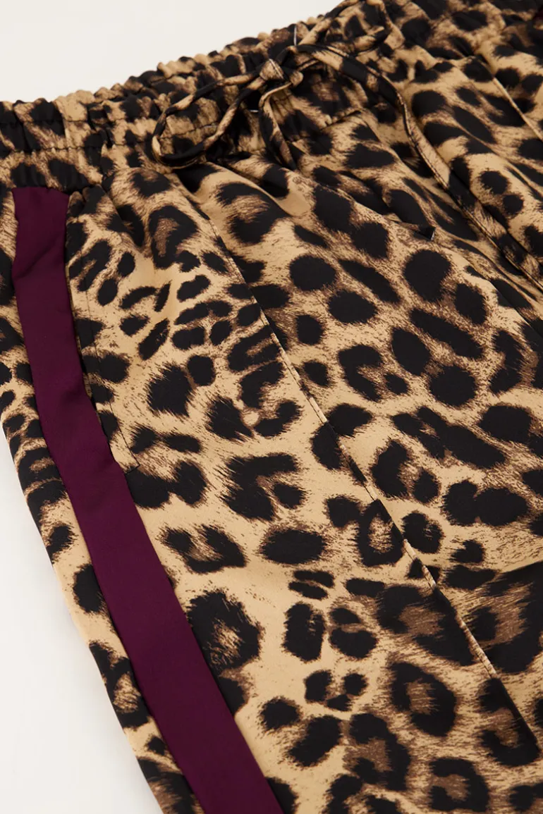 Pantalon Large En Satin Imprimé Léopard Avec Ruban Violet