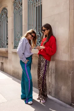 Pantalon Large En Satin Vert Avec Ruban Violet