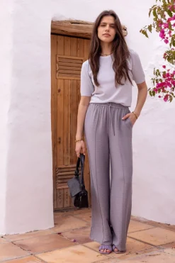 Pantalon Large Gris Avec Ceinture élastique