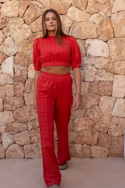 Pantalon Large Rouge Avec Ceinture élastique