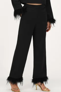 Pantalon Large Satiné Noir Avec Plumes