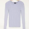 Pull Bleu Clair Rayé Avec Manches à Froufrous