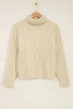 Pull En Maille Beige à Col Roulé