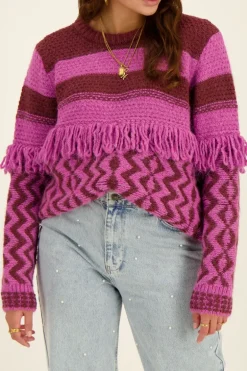 Pull Oversize En Maille Violet Et Bordeaux Avec Des Franges