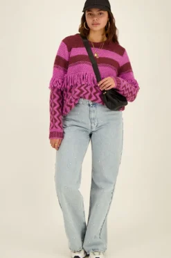 Pull Oversize En Maille Violet Et Bordeaux Avec Des Franges