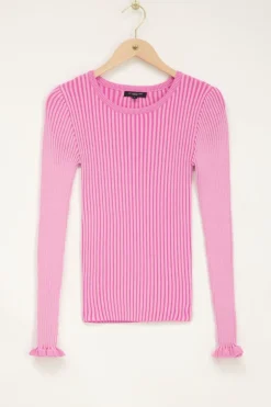 Pull Rose Rayé Avec Manches à Froufrous