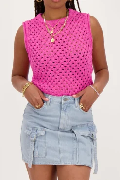 Pull Sans Manche Rose à Mailles Ouvertes