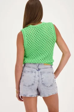 Pull Sans Manche Vert à Mailles Ouvertes