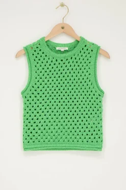 Pull Sans Manche Vert à Mailles Ouvertes