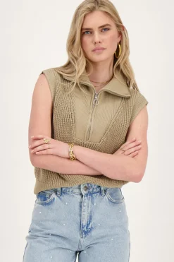 Pull Sans Manches Beige Avec Fermeture éclair