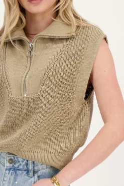 Pull Sans Manches Beige Avec Fermeture éclair