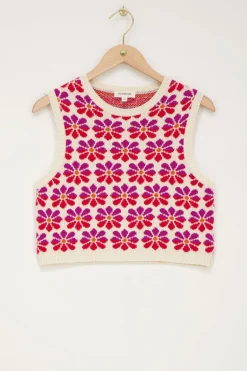 Pull Sans Manches Beige Avec Imprimé Fleuri Jacquard Multicolore
