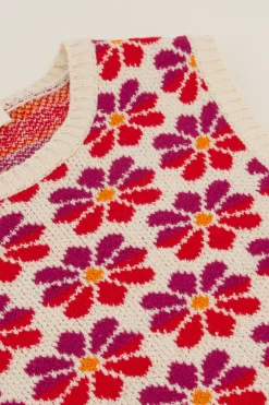 Pull Sans Manches Beige Avec Imprimé Fleuri Jacquard Multicolore