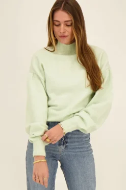Pull Vert Menthe à Manches Plissées Amples