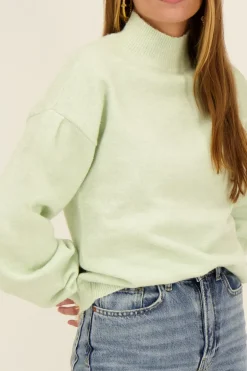 Pull Vert Menthe à Manches Plissées Amples