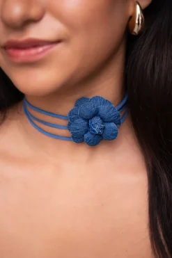 Ras De Cou Cordon Bleur Et Fleur En Denim