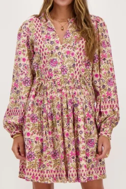 Robe Beige à Imprimé Fleuri Rose Et Vert