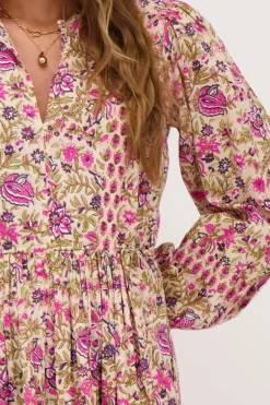 Robe Beige à Imprimé Fleuri Rose Et Vert